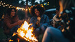 © AIPhoto - group of friends enjoying joyful evening around campfire, sharing laughter and stories under twinkling lights. warmth of fire adds to cozy atmosphere