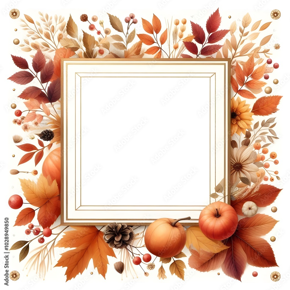 Autumn-themed square border watercolor painting with a white background ...
