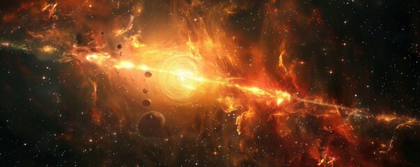 Wall Mural - dramatic interstellar warfare under the glow of a distant quasar, 4k hyperrealistic photo
