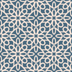 Wall Mural - Abstract vector seamless pattern. Blue and beige floral geometric ornament. Simple background texture with flower silhouettes, grid, lattice, repeat tiles. Geo design for print, textile, carpet, linen