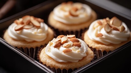 Delicious almond cupcakes topped with creamy frosting in a black box showcasing sweet dessert artistry