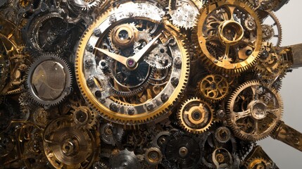 Steampunk-style clock with gears that turn in different directions, creating a chaotic but beautiful mechanical symphony of moving parts.