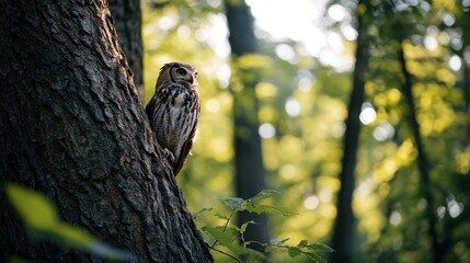 a brown owl perched on a tree trunk in a forest with green leaves and sunbeams shining through the b