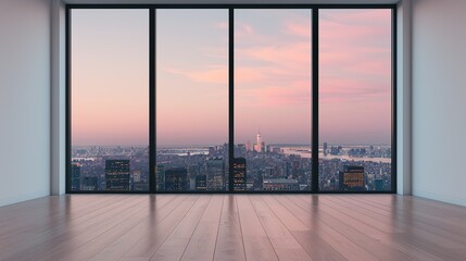 Wall Mural - Room with a City View: Through the window, see a magnificent cityscape with detailed, modern buildings. The city's allure is captivating, both in daylight and illuminated at night. High resolution