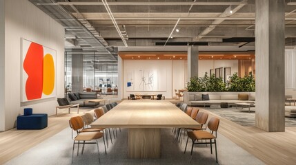 A modern office space with a large wooden table and chairs in the center of the room. There are couches and plants in the background, as well as artwork on the walls.