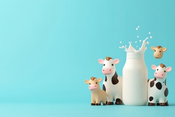 Wall Mural - A group of cows are standing in front of a milk jug. The cows are of different sizes and colors, and they are all looking at the camera