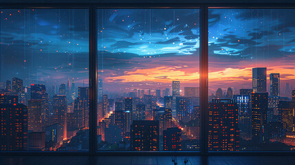 Sticker - Looking out the window from inside the room reveals a breathtaking cityscape of modern, intricate buildings that shine brightly day and night, offering a spectacular view. High resolution