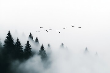 A flock of birds fly over a forest in the mist. The birds are flying in a V formation, and the trees are tall and dense. The mist creates a sense of mystery and serenity