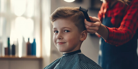 Wall Mural - Young boy getting hair cut at the barber shop