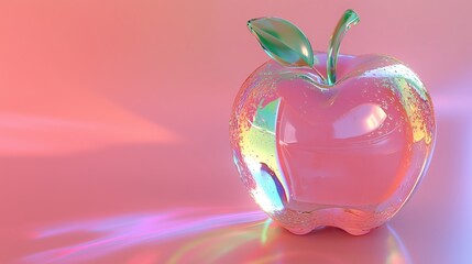 Poster - A translucent apple sculpture with colorful reflections on a soft pink background