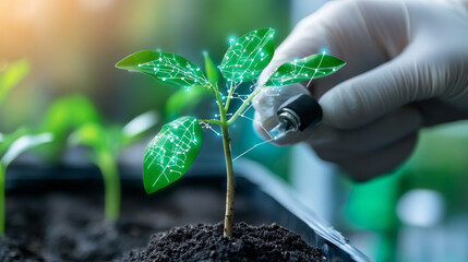 Innovative technology is applied to young plant, showcasing fusion of nature and science. hand injects nutrient solution, symbolizing growth and sustainability