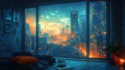 Sticker - The room's window offers a view of a modern cityscape, with large, intricate buildings that are equally beautiful in the bright day and the illuminated night. High resolution Illustration, in the