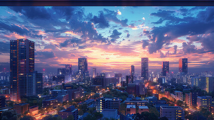 Wall Mural - The window view from inside the room reveals a modern cityscape with large, intricate buildings, offering a beautiful panorama both in the day and at night. High resolution Illustration, in the style