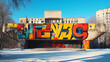 © Another Galaxy - Abstract modern graffiti mural on a brutalist structure in a snowy urban park, under clear blue sky