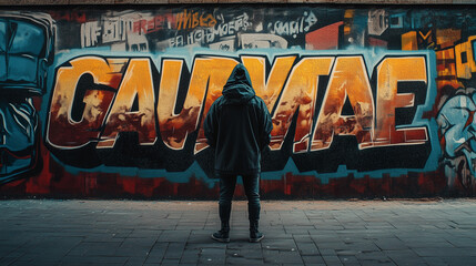 Hooded person facing a colorful graffiti wall in urban setting, evoking street art culture and anonymity