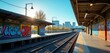 ©  VladaToday - Urban graffiti at train station with city skyline and empty tracks