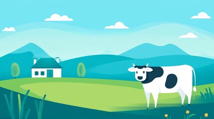 Wall Mural - A cow is standing in a field next to a house. The sky is blue and there are some clouds