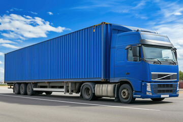 Large blue freight truck on a highway under a clear sky in daylight