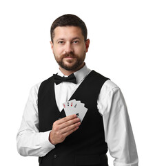 Canvas Print - Professional croupier with playing cards on white background