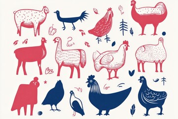 A collection of animals, including chickens, cows, and sheep, are drawn in a stylized way