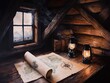 © DigitalArt - A cozy attic scene featuring an illuminated map, lanterns, and a rustic wooden atmosphere with a view through a window.
