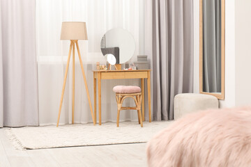 Poster - mirrors, dressing table, lamp and stool near window indoors. interior design