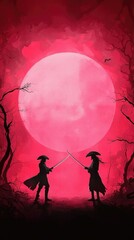 Two figures duel under a large pink moon, surrounded by sparse trees, creating a dramatic and mystical atmosphere.