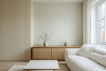 A modern Scandinavian interior in the living room with minimalist, wood cabinetry and white sofa. Generative AI
