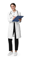 Sticker - Smiling healthcare worker with clipboard and pen on white background