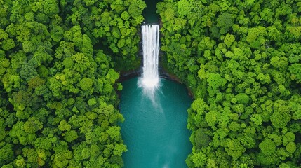 Wall Mural - Drone aerial view of a cascading waterfall in a tropical forest, capturing the natural beauty and serene environment, ideal for travel and nature promotions. High resolution Illustration, in the