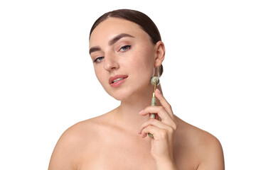 Sticker - Beautiful young woman doing facial massage with roller on white background