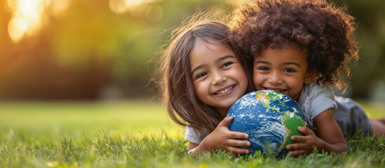 two smiling young girls hugging a earth outdoors, generative ai