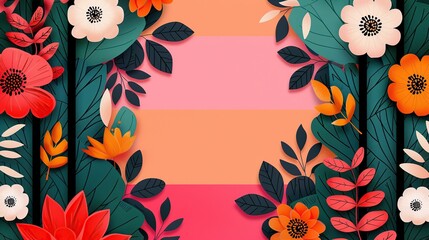 Sticker - Bright pastel geometric background adorned with trees, flowers, and leaves, offering a lively and attractive design for editorial and promotional materials. High resolution Illustration, in the style