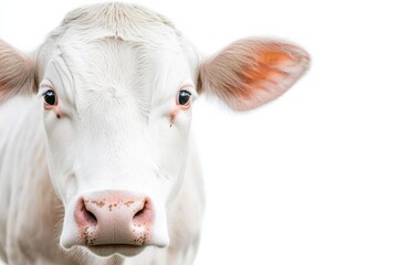 Wall Mural - A white cow with pink ears is staring at the camera. The cow's eyes are open and it has a slightly surprised expression