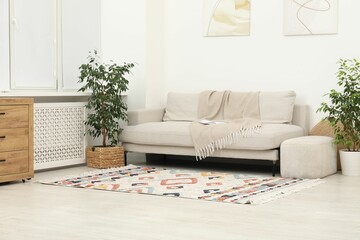 Poster - Light living room interior. Comfortable sofa with blanket and other furniture indoors