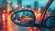 © Prostock-studio - Raindrops cling to the side mirror as a city awash in colorful lights comes into view on a rainy evening, showcasing the dynamic atmosphere of urban life illuminated by street lamps.