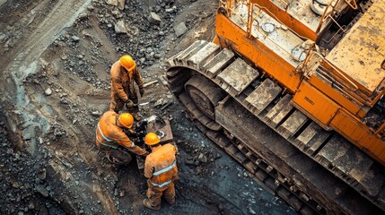 Workers involved in the repair of heavy machinery on-site.