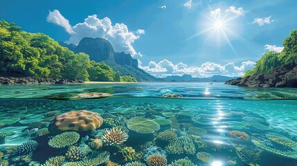 Poster - Addressing the consequences of global warming involves coral reef bleaching, biodiversity reduction, forest fires, extreme heatwaves, and flooding, affecting both natural and human environments. High