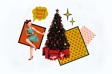 Canvas Print - Composite trend artwork sketch 3D photo collage of newyear merry christmas holiday winter celebrate pinup young lady dance eve tree gift