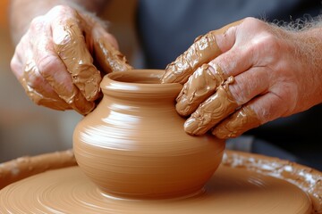 Skilled hands expertly shaping soft clay on a potter wheel in a creative studio environment. Arts and crafts concept