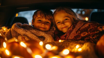 Wall Mural - Two joyful children sit close together in a car, wrapped in soft blankets. Warm lights twinkle around them, creating a cozy atmosphere as they share smiles and enjoy a festive evening together.