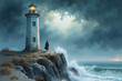 © magann - Lighthouse keeper standing on cliff watching stormy sea at night