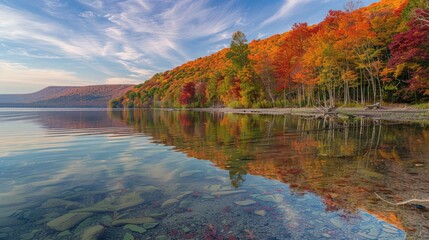 Sticker - Fall Foliage Reflected in Clear Lake Water