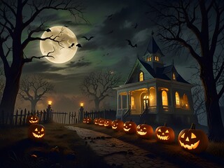 Haunting Halloween Night Mansion, Glowing Jack-o'-Lanterns, and Ghostly Figures