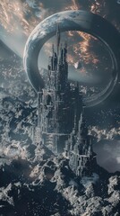 Wall Mural - celestial edifice adrift in the void, 4k hyperrealistic photo