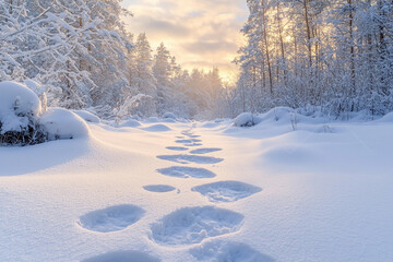 Wall Mural - Footprints in fresh snow lead through a tranquil winter forest