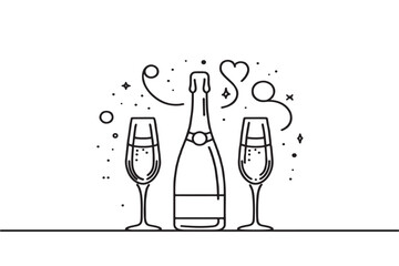 Continuous one line drawing of champagne bottle and glasses. vector illustration