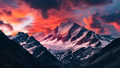 Dramatic mountains with dark rocky faces, contrasted against a fiery red and pink sunset, with clouds swirling around the peaks.