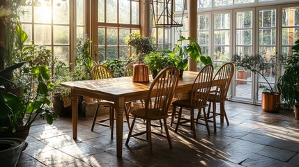 Sunlit dining area filled with plants and wooden furniture.