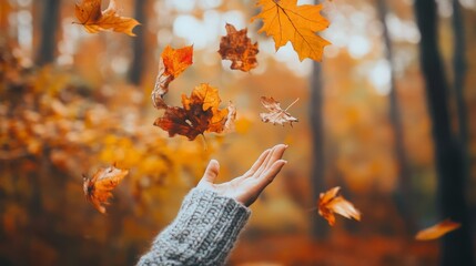 A hand extends gracefully in a colorful forest, sending a flurry of orange and yellow leaves swirling through the air on an autumn day, capturing the beauty of nature and the changing seasons.